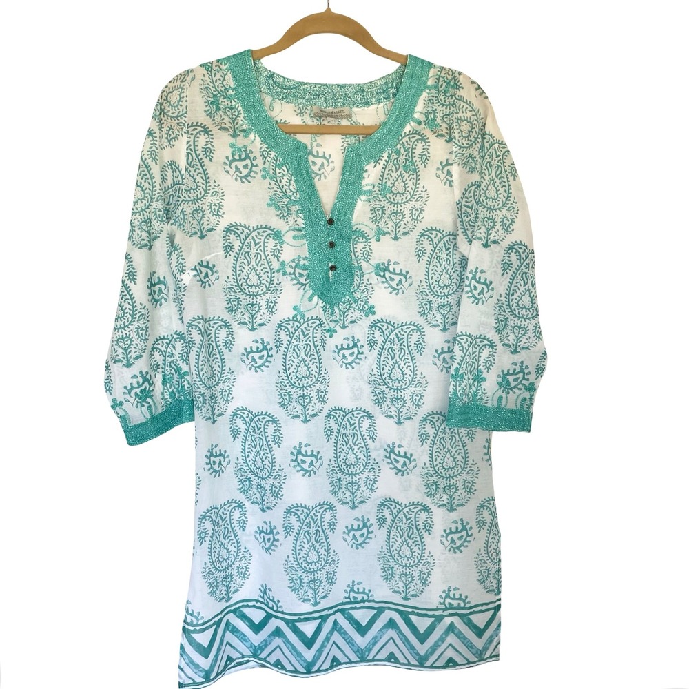 World Market Teal Paisley Cotton Gauze Tunic Top/Dress Embroidered Boho Size S/M